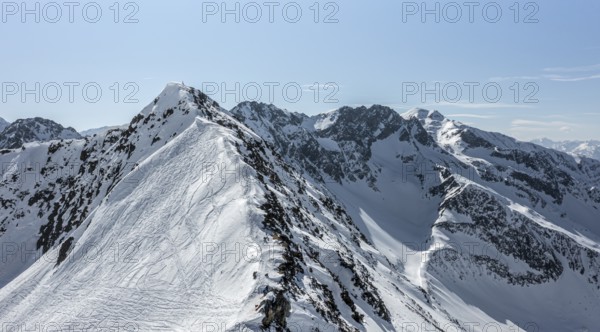 Mitterzeigerkogel, aerial view, peaks and mountains in winter, Sellraintal, Kühtai, Tyrol, Austria, Europe