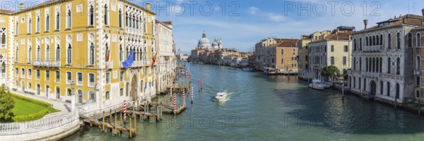 Panorama from the Ponte dellAccademia over the Grand Canal, on the left Palazzo Cavalli-Franchetti, in the back the church of Santa Maria della Salute, Venice, Venezia, Veneto, Italy, Europe