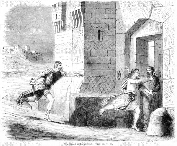 The flight to the free city, Orient, flee, city gate, soldier, run, sword, freedom, Bible, Old Testament, Book 4 of Moses, Chapter 35, Verse 11, historical illustration c. 1850