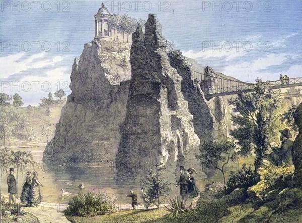 Parc des Buttes-Chaumont, an English-style landscape garden in the northeastern 19th arrondissement of Paris, opened in 1867 for the World's Fair under Napoleon III, France, Historic, digitally restored reproduction of an original 19th century design, exact original date unknown, Europe