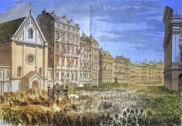 Funeral of Emperor Maximilian I of Mexico (1832-1867), arrival of the funeral procession on 18 January 1868 in front of the Capuchin Church in Vienna, Historic, digitally restored reproduction of a 19th century original, exact original date unknown