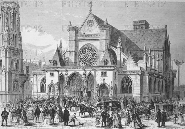 Parish Church of Saint-Germain-l'Auxerrois is an important late Gothic church in Paris, Queen Isabella II of Spain attends mass, 1869, France, Historic, digitally restored reproduction of an original 19th century artwork, exact original date unknown, Europe
