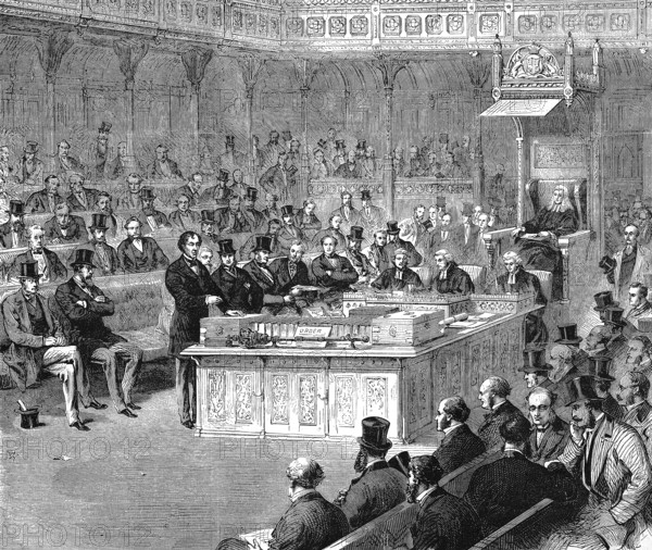 Disraeli speaking in the House of Commons, Benjamin Disraeli, 1st Earl of Beaconsfield (21 December 1804 - 19 April 1881), a Conservative British statesman and successful novelist. Twice, in 1868 and from 1874 to 1880, he held the office of British Prime Minister, 1869, England, Historic, digitally restored reproduction of a 19th century original, exact original date not known