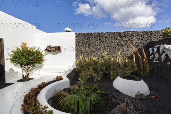 Garden in the courtyard, former residence of the artist, Fundacion Cesar Manrique, Tahiche, Teguise, Lanzarote, Spain, Europe