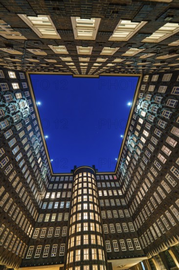 View of the illuminated Kontorhaus against the night sky, Hamburg, Germany, Europe