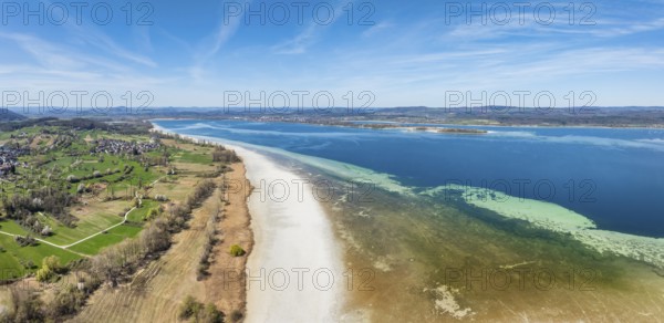 Aerial view, panorama of the Höri peninsula with the Lake Constance community of Horn at low tide, on the horizon the Mettnau peninsula with the town of Radolfzell on Lake Constance, Lake Constance, Constance district, Baden-Württemberg, Germany, Europe
