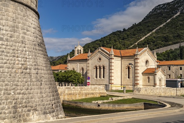 The Church of St Blaise and the Veliki Kastio Fortress in Ston, Croatia, Europe