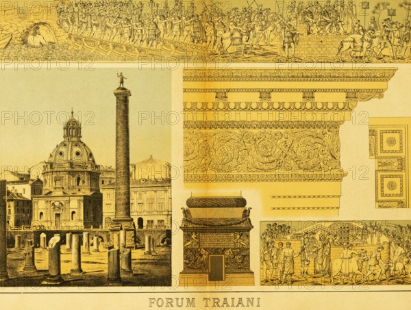 Forum Trajani, public square, ruin, Trajan column with emperor, several relief details, church dome construction, ornamentation, title, ancient Rome, Italy, coloured historical illustration from 1882, Europe