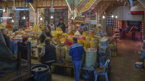Market stall with dried spices and herbs in the covered souk in the centre of Meknes, Meknes, Morocco, Africa