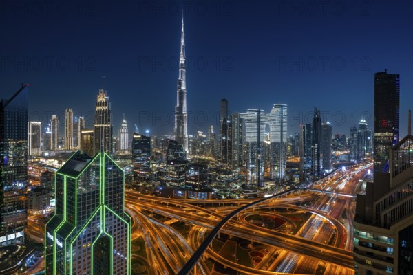 Dubai skyline at night, Burj Khalifa tallest building in the world, United Arab Emirates, Asia