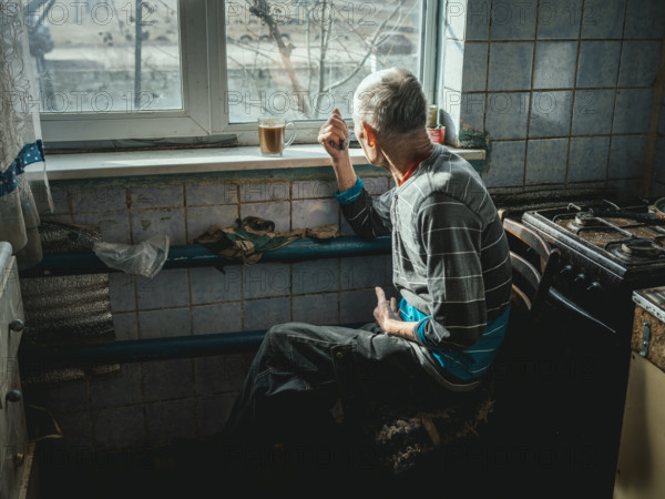 A man looks out of his kitchen window at the site of the Hroza massacre. 59 people were killed in a Russian attack by a direct hit from an Iskander missile. All the victims are local residents. Pensioners, all were civilians, Hroza, Ukraine, Europe