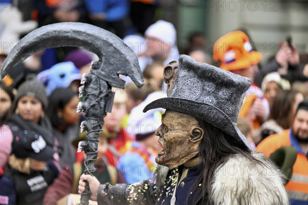 Person dressed up as a goth at the Wey guild on Rose Monday, Güdismäntig, Lucerne Carnival 2024, Lucerne, Switzerland, Europe