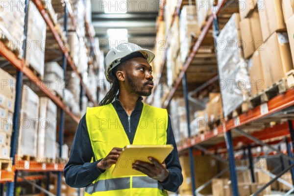 African worker with protective helmet and yellow reflective waistcoat using digital tablet taking inventory in a warehouse