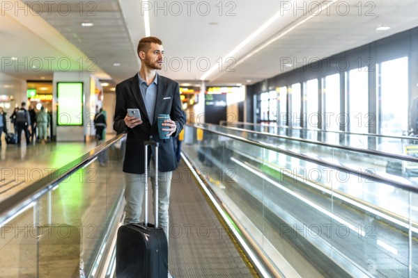 Businessman is walking on moving walkway at airport while using smartphone and holding coffee