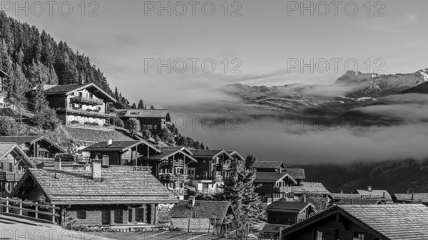 Roofs covered with hoarfrost, fog rising, black and white photo, Grimentz, Val d'Anniviers, Valais Alps, Canton Valais, Switzerland, Europe