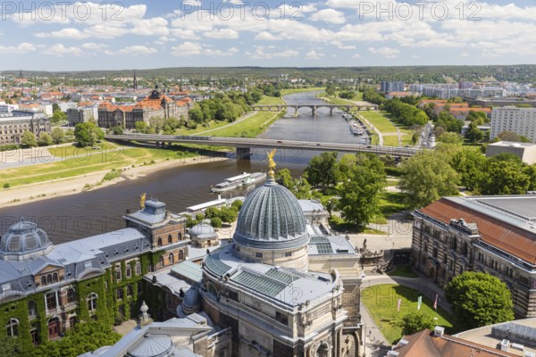 View from the tower of the Church of Our Lady to the Academy of Fine Arts, Elbe with paddle steamer, Karola Bridge and Saxon State Ministry, Dresden, Saxony, Germany, Europe