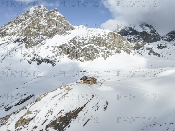Aerial view, Piz Picuogl, winter in the mountains, Chamanna Jenatsch CAS, Swiss Alpine Club hut, Val Beve, Grisons, Switzerland, Europe