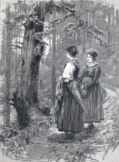 Two woman standing in front of a birdhouse by a tree on a path in the Black Forest, around 1890, Germany, digital reproduction of an original 19th century model, historical, Europe