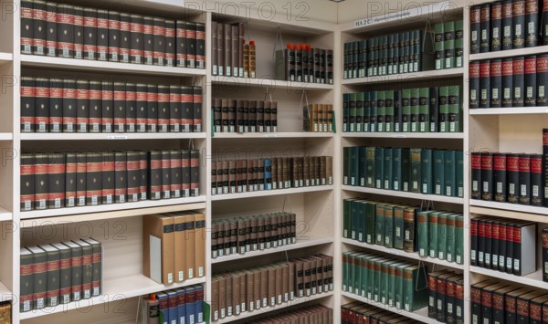 Bookshelves with historical folios, Staatsbibliothek Unter den Linden, Berlin, Germany, Europe