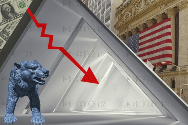 Symbolic image, bear stands for bear market, Wall Street and Dax crash, President Trump's erratic decisions, global tariffs, tariffs, share prices, euro, euro exchange rate, euro low, exchange rates, dollar parity, investment, recession worries, inflation, exports, raw materials and primary products in dollars, oil in dollars, world crisis, Ukraine war, Germany, loss of democracy, autocracy, China, Russia, Europe