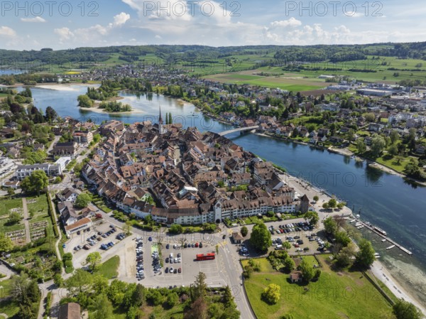 Aerial view of the historic old town of Stein am Rhein, Lake Rhine, Lake Constance, with the Rhine bridge, Canton Schaffhausen, Switzerland, Europe