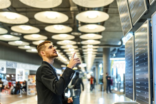 Businessman consulting his smartphone and checking flight information displayed on screens at the airport