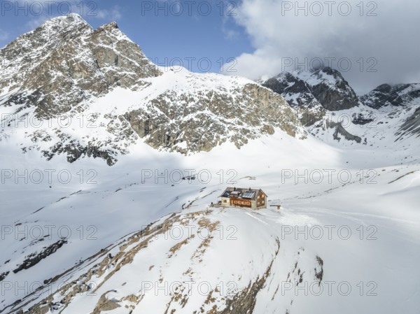 Aerial view, Piz Picuogl, winter in the mountains, Chamanna Jenatsch CAS, Swiss Alpine Club hut, Val Beve, Grisons, Switzerland, Europe