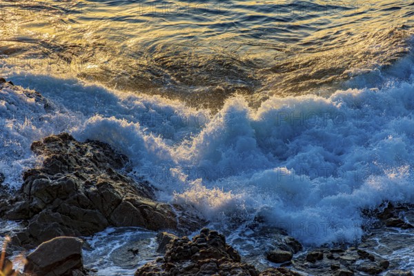 Waves foam over rocks during sunset in Salvador, Bahia, Salvador, Bahia, Brazil, South America