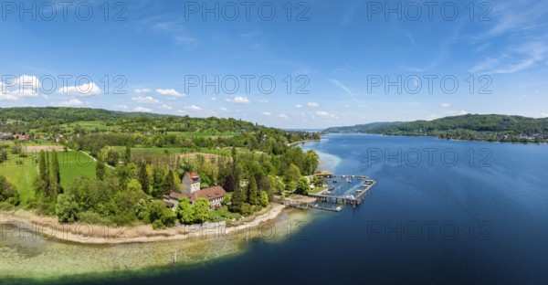 Aerial view, panorama of Oberstaad Castle, also Jacques Schiesser House on the southernmost part of the Höri peninsula with the boat harbour, jetty on Lake Rhine, Untersee, Lake Constance, Öhningen, district of Constance, Baden-Württemberg, Germany, Europe