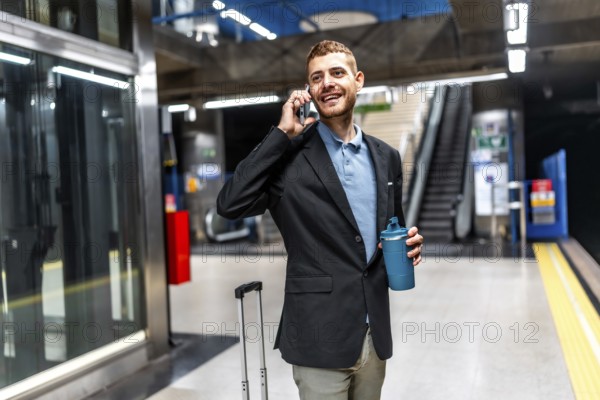 Young businessman talking on mobile phone and holding reusable coffee cup while waiting for subway train in station