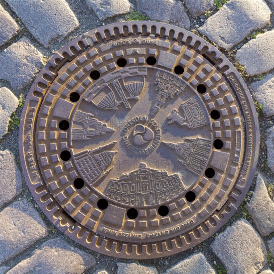 Canal cover in the historic city centre with the most important sights of the city, Dresden, Saxony, Germany, Europe