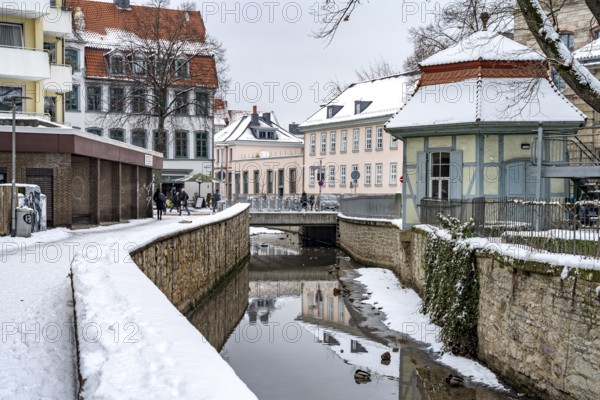 On the snow-covered Leine Canal in Göttingen, Lower Saxony, Germany, Europe