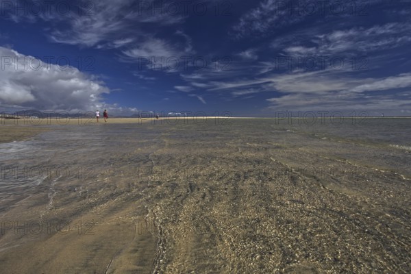 Wide beach Playa Risco del Paso, Playa de Sotavento with sea view, clouds in the blue sky and a wide horizon, Pajara, Fuerteventura, Canary Islands, Spain, Europe