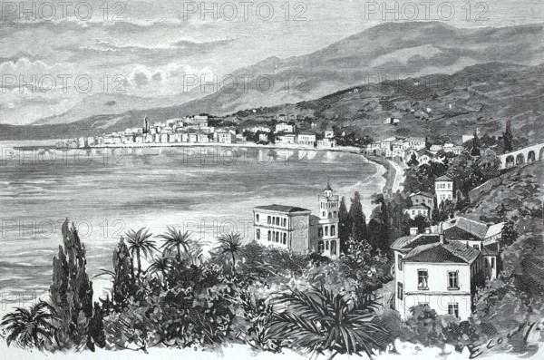 General view of Mentone, Menton, around 1890, in southern France, digital reproduction of an original from the 19th century, historical