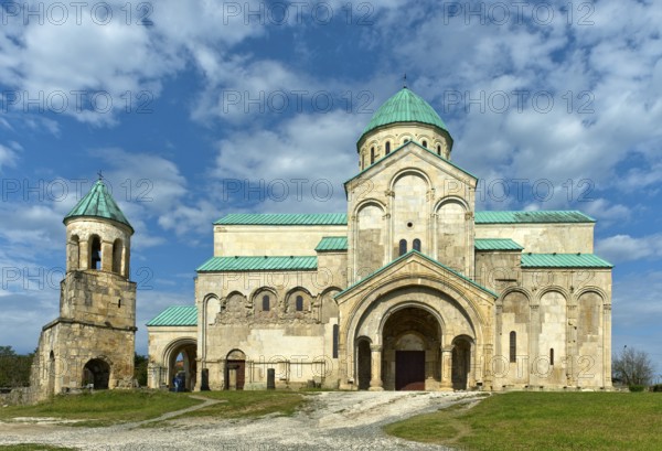 South façade of Bagrati Cathedral, Kutaisi Cathedral, and historic bell tower, Kutaisi, Imeretia, Georgia, Asia