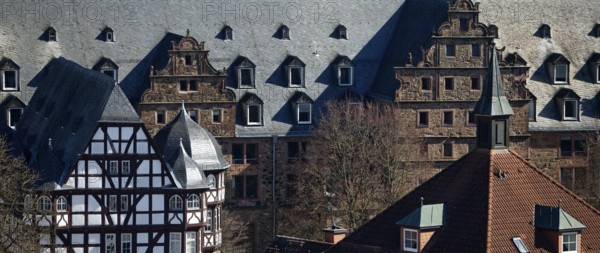 View from the city church tower to the New Palace and the armoury of Justus Liebig University, Giessen, Hesse, Germany, Europe