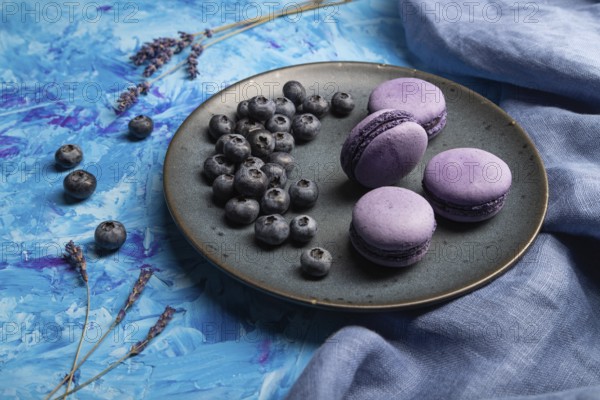 Purple macarons or macaroons cakes with blueberries on ceramic plate on a blue concrete background and blue textile. Side view, close up
