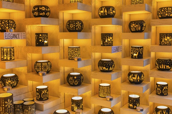 Tea lights in a stall at the Christmas market at St Stephen's Cathedral, Stephans-Platz, Vienna, Austria, Europe