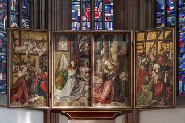 Winged altarpiece with the motif of the Annunciation in the chancel of the Gothic Chapel of St Mary, Würzburg, Lower Franconia, Bavaria, Germany, Europe