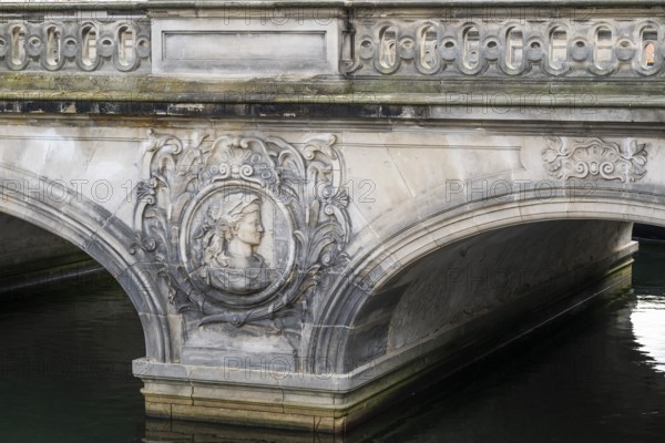 Detail of the Rococo-style marble bridge by Nicolai Eigtved, Frederiksholm Canal, Christiansborg Palace, Danish Parliament, Folketinget, Copenhagen, Denmark, Europe
