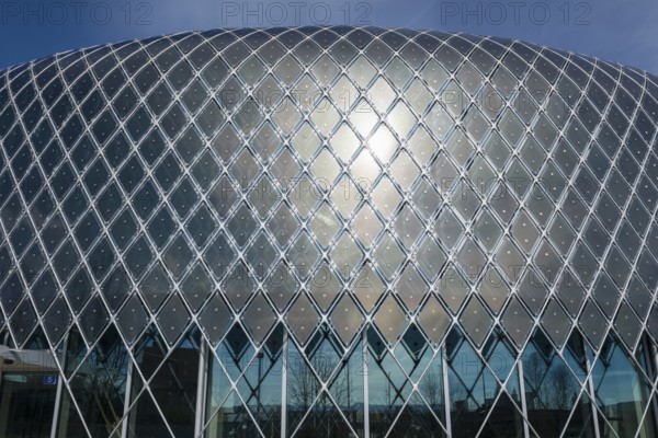 Novartis Pavilion, architecture firm AMDL CIRCLE and architect Michele De Lucchi, Novartis Campus, timber construction, façade with photovoltaic cells, Basel, Canton of Basel-Stadt, Switzerland, Europe