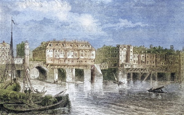 London Bridge in the sixteenth century from The National and Domestic History of England by William Aubrey, London c. 1890, Historical, digitally restored reproduction from a 19th century original, Record date not stated