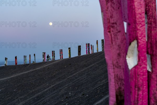 The Haniel spoil tip, 185 metre high spoil tip, at the Prosper Haniel mine, closed in 2019, artwork Totems by the sculptor Augustin Ibarrola, full moon, Bottrop, Germany, Europe