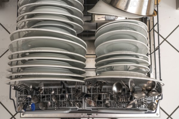 Dishwasher, full, with cleaned crockery, cutlery, cooking utensils