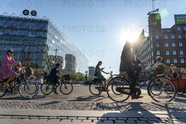 Cyclists on cycle paths, Radhuspladsen, City Hall Square, H.C. Andersen's Boulevard, in the city centre of Copenhagen, considered the cycling capital of the world, 45% of the population travel by bike, Denmark, Europe