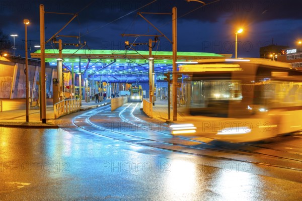 Ruhrbahn trams, at Essen-Steele S-Bahn station, interface between rail transport and tram and bus lines, in Essen, North Rhine-Westphalia, Germany, Europe