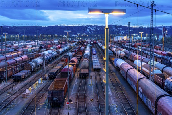 The Hagen-Vorhalle marshalling yard, one of the 9 largest in Germany, is located on the Wuppertal-Dortmund railway line and has 40 directional tracks on which goods trains are assembled, in the evening, North Rhine-Westphalia, Germany, Europe