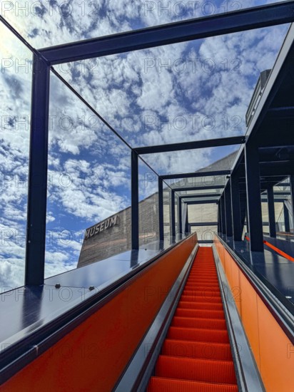 Escalator to the Ruhr Museum in the former coal washing plant at the Zollverein Coal Mine Industrial Complex in Essen, North Rhine-Westphalia, Germany, Europe
