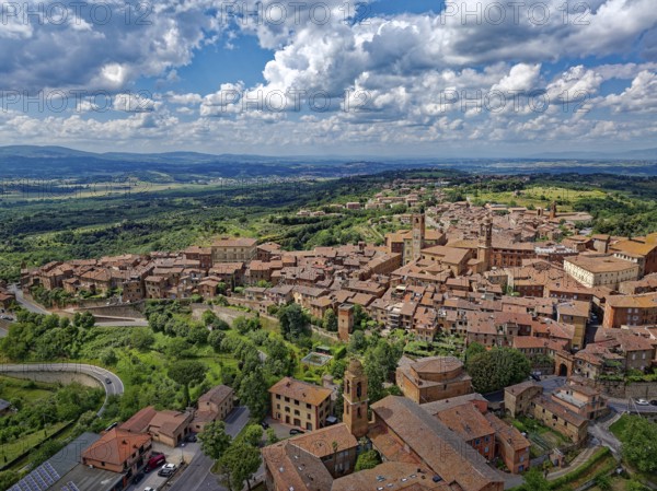 Aerial view of Città della Pieve, an Italian municipality in the province of Perugia in the west of the Umbria region in the centre of central Italy. Italy, Southern Europe