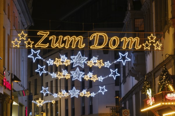 Christmas decoration above the pedestrian zone, Zum Dom, night shot, Paderborn, Westphalia, North Rhine-Westphalia, Germany, Europe